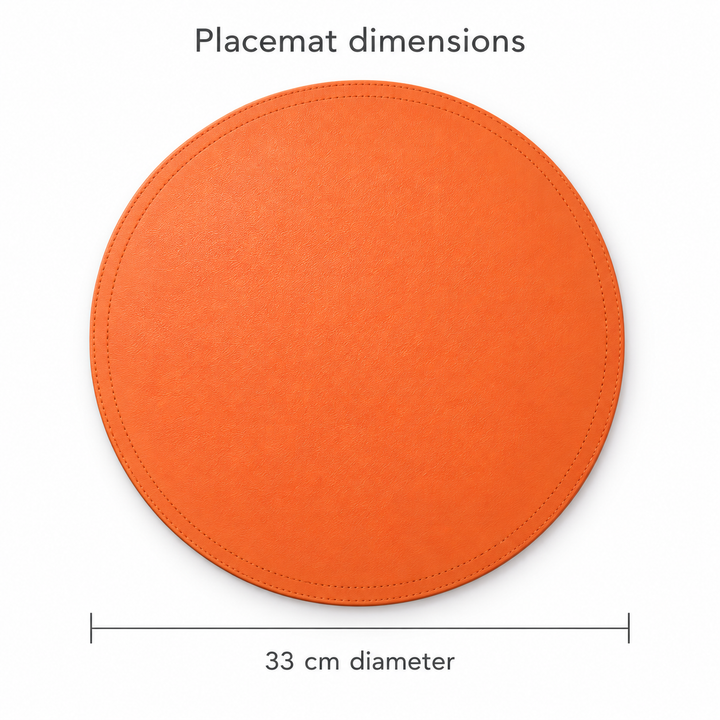 An orange round placemat shown on a white background with text indicating placemat dimensions and a 33 cm diameter measurement.
