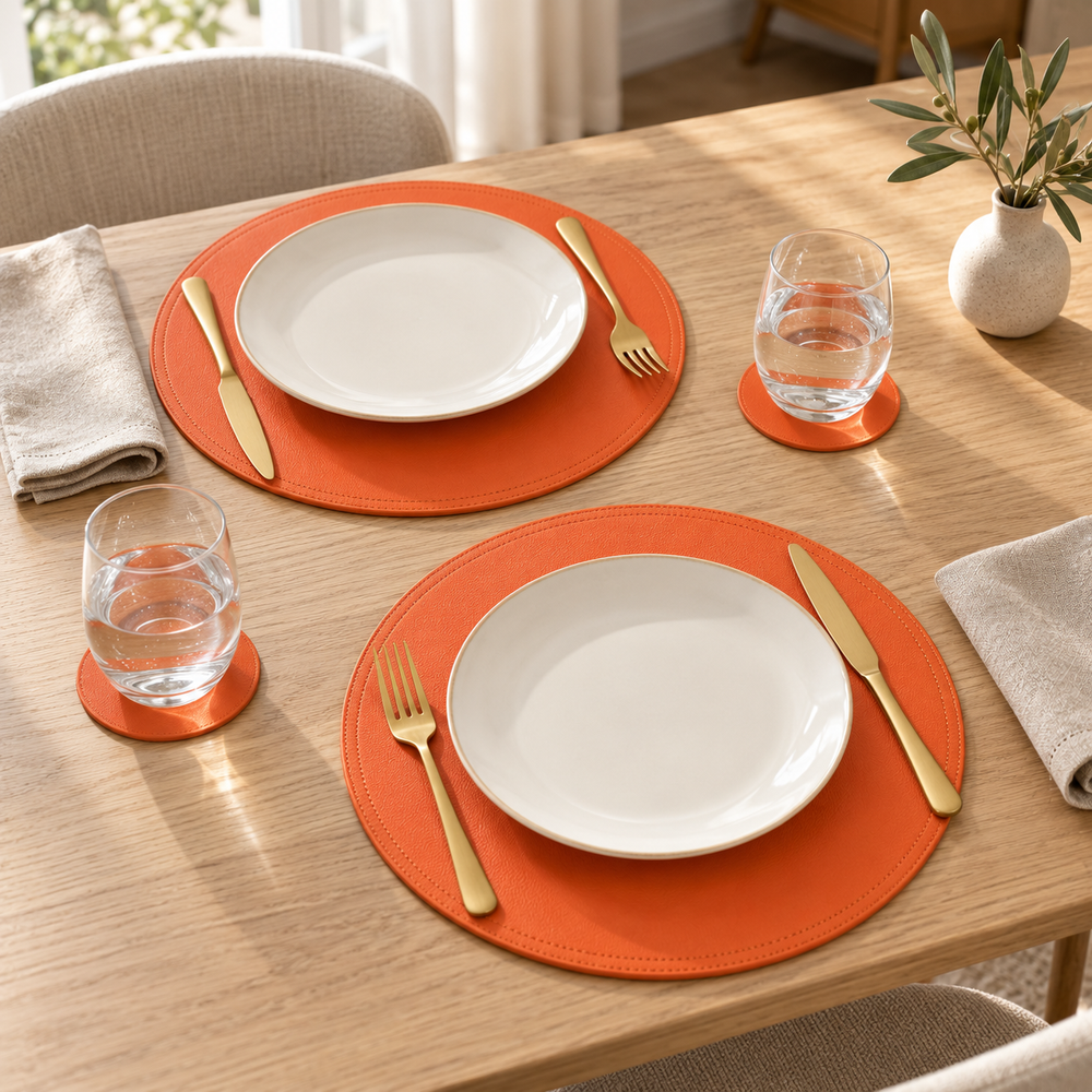 Two round orange faux-leather placemats and two round matching coasters, arranged on light wood table with two white plates, glasses and cutlery placed over them.
