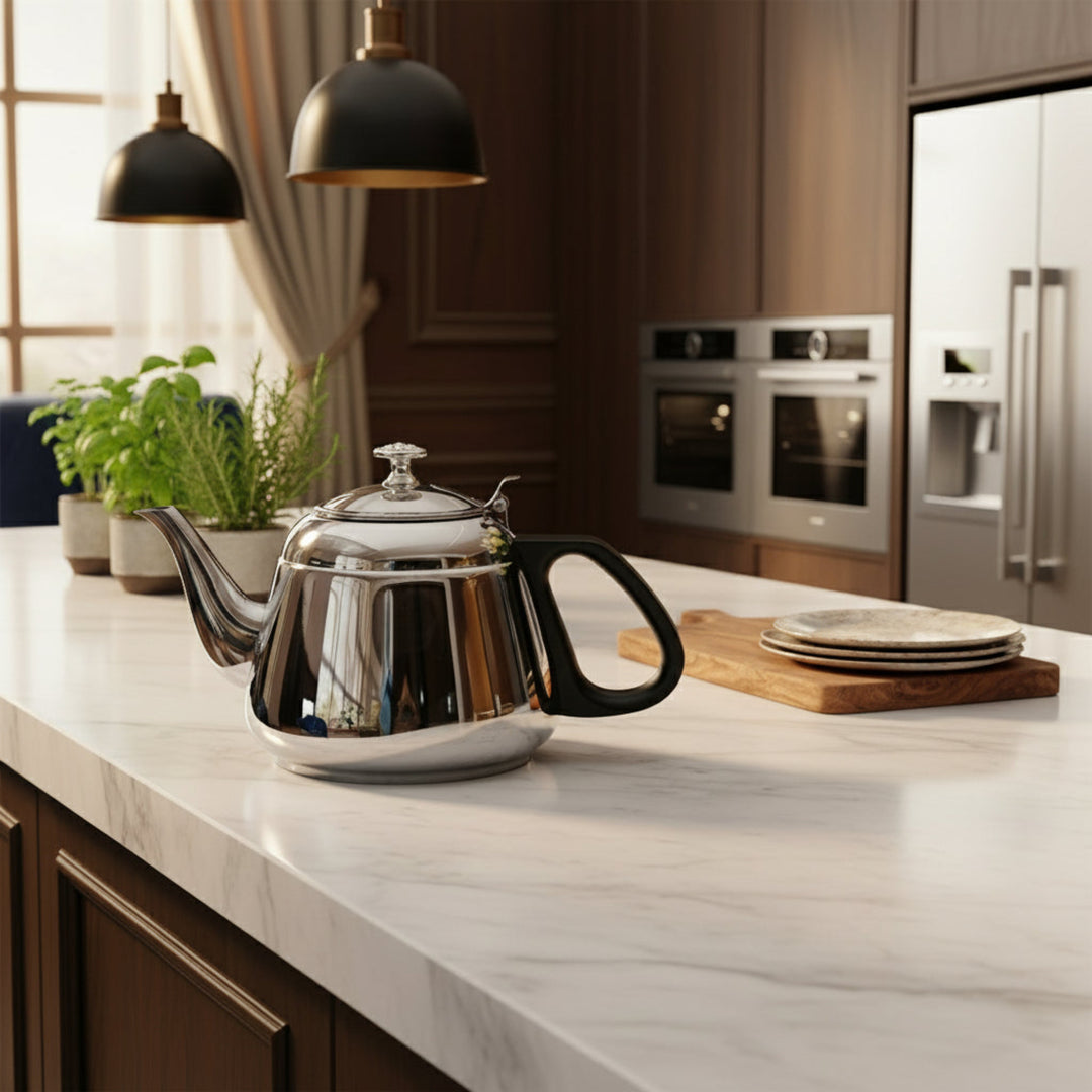 Stainless steel teapot on an elegant kitchen top