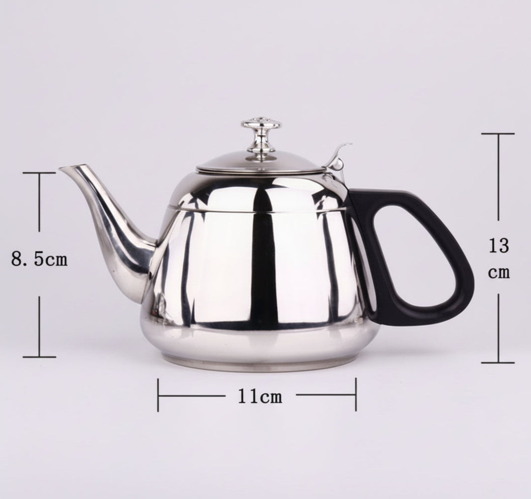 Stainless steel teapot with dimensions labelled on a light grey background