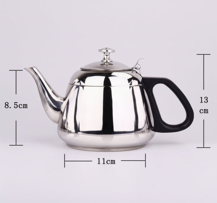 Stainless steel teapot with dimensions labelled on a light grey background