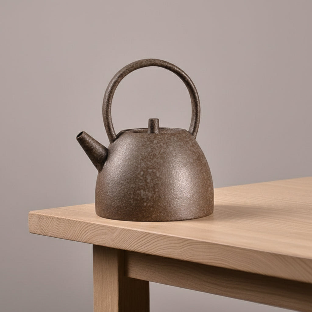 Brown Stoneware teapot on a wooden surface with a neutral background