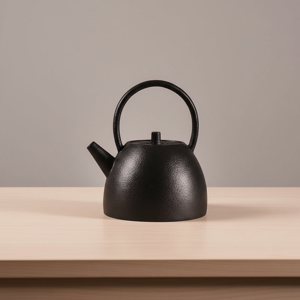 Black teapot on a wooden surface with a neutral background