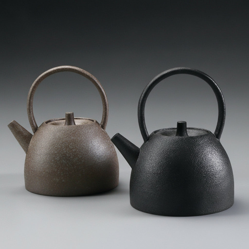 Two Stoneware teapots, one brown and one black, on a grey background.