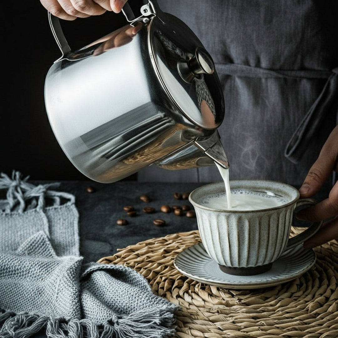 Person pouring milk from a stainless steel teapot into a ceramic cup on a woven mat with coffee beans.