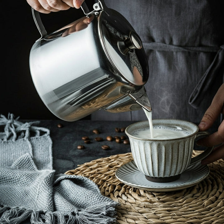 Person pouring milk from a stainless steel teapot into a ceramic cup on a woven mat with coffee beans.