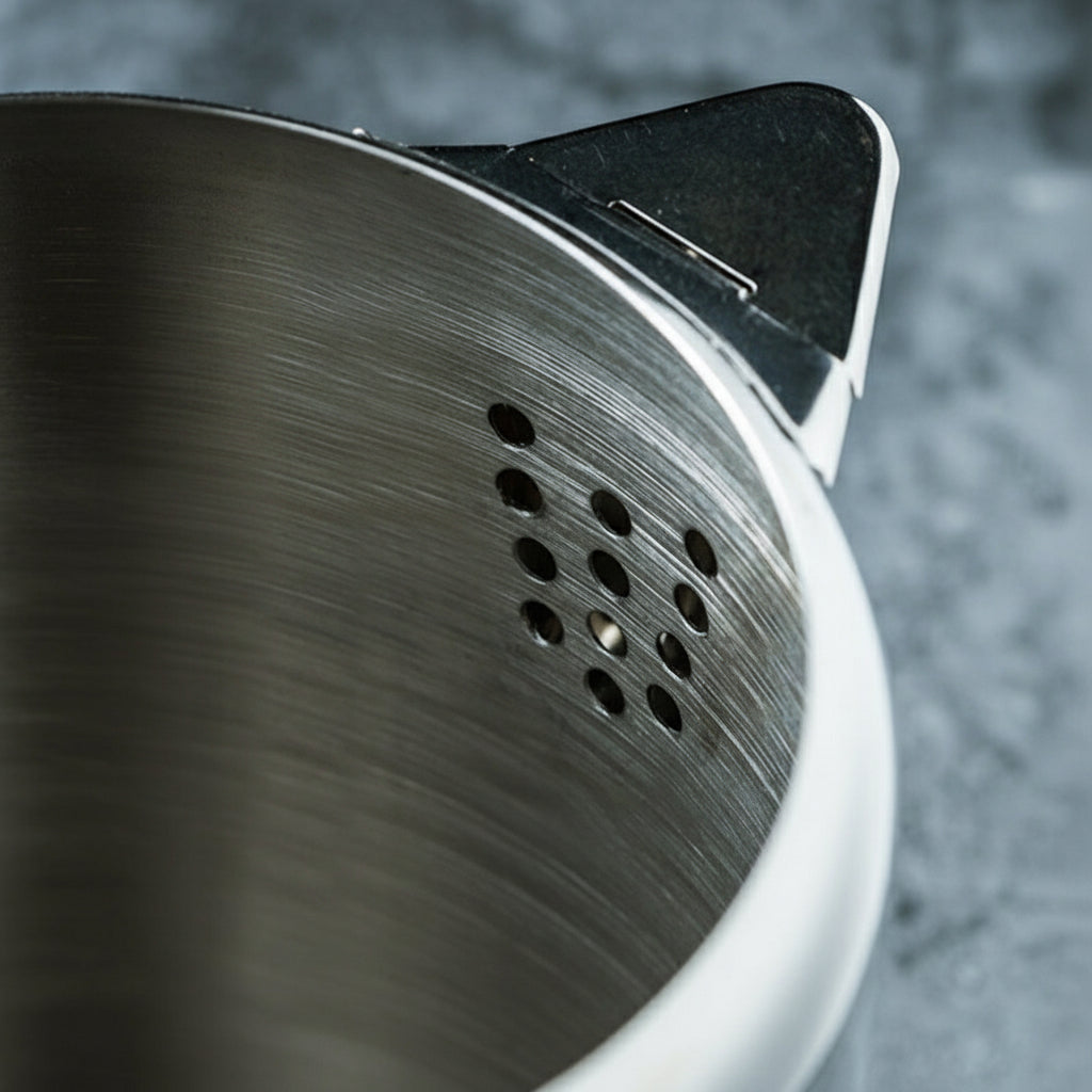 Close-up of a stainless steel teapot filter on a grey background