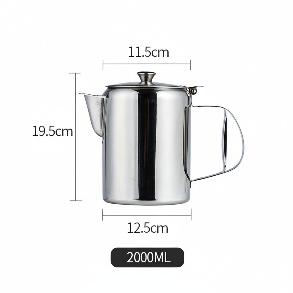 Stainless steel teapot with dimensions on a light background grey