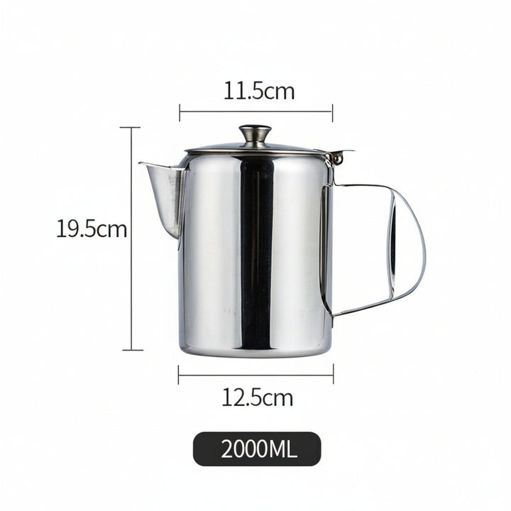 Stainless steel teapot with dimensions on a light background grey