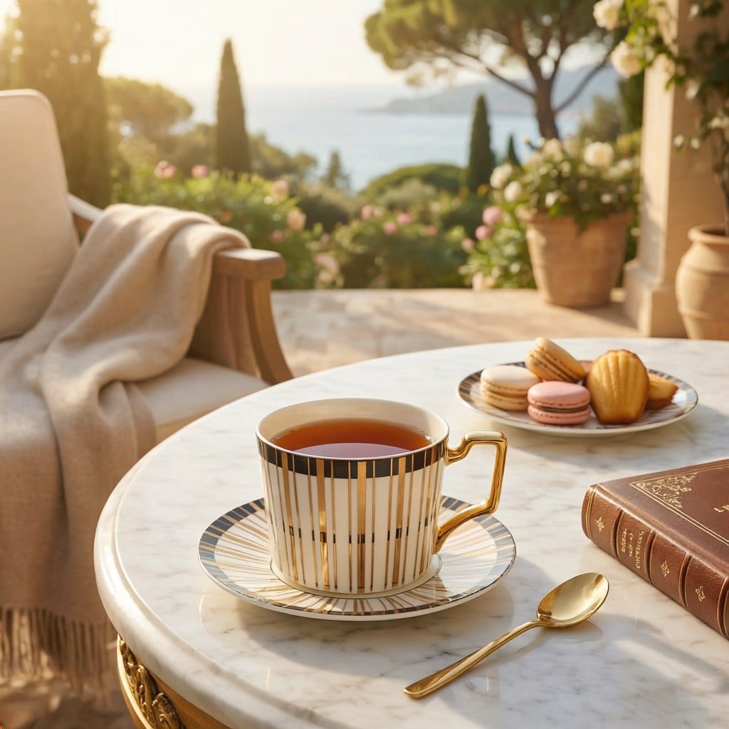 Tuxedo Gilt fine bone china teacup and saucer set on an outdoor table for afternoon tea with 22k gold detailing