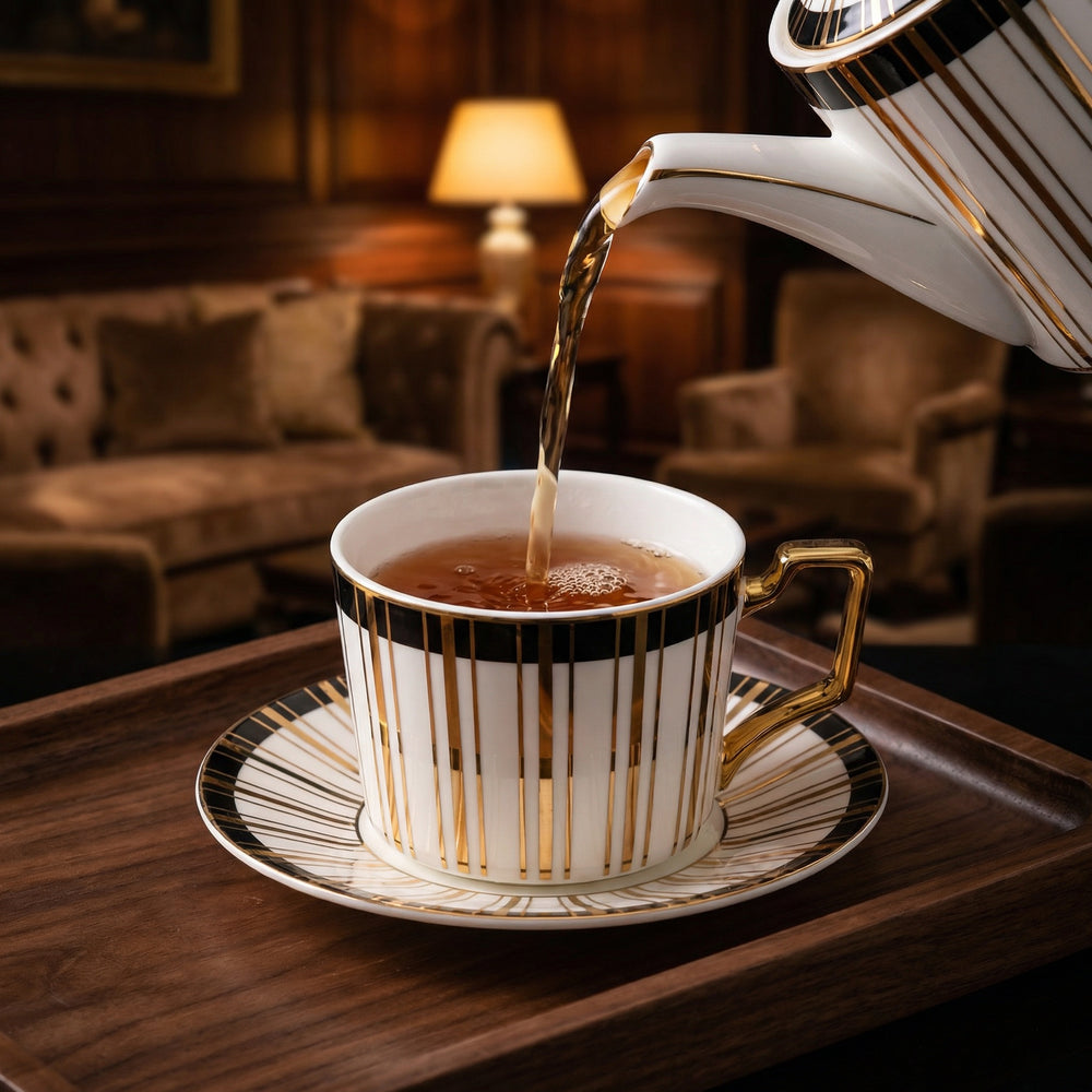 Tea being poured into the Tuxedo Gilt fine bone china teacup and saucer with 22k gold detailing