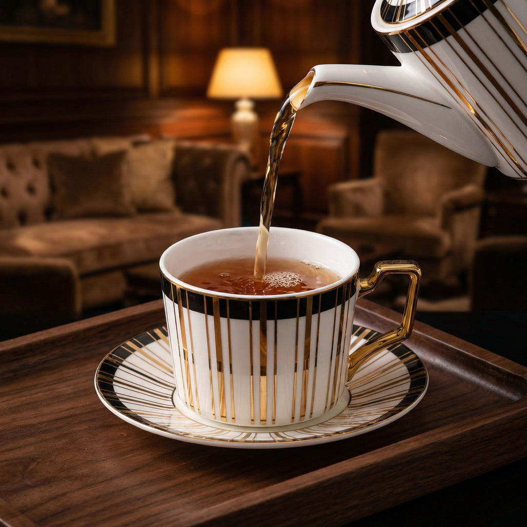 Tea being poured into the Tuxedo Gilt fine bone china teacup and saucer with 22k gold detailing