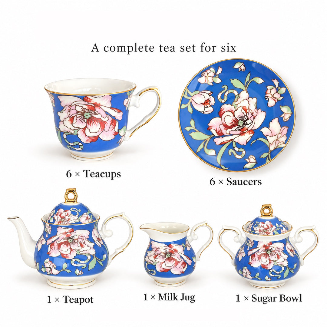 Rosewood Garden set contents: six teacups, six saucers, one teapot, one milk jug and one sugar bowl