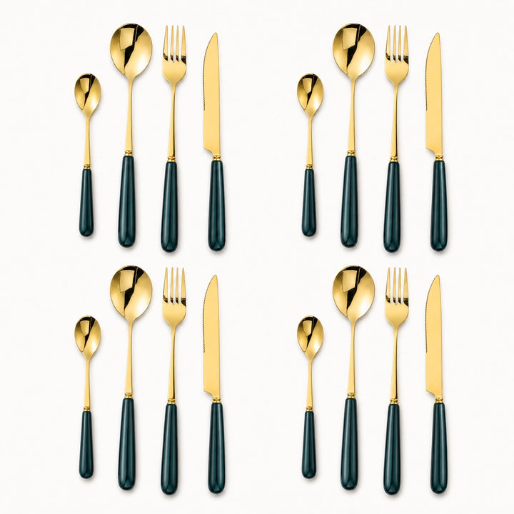 Aldermere 16-piece Forest Green and gold cutlery set for four