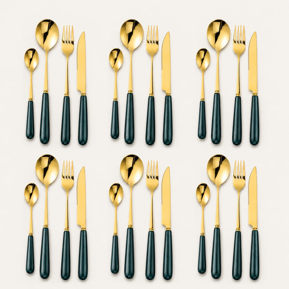 Aldermere 24-piece Forest Green and gold cutlery set for four