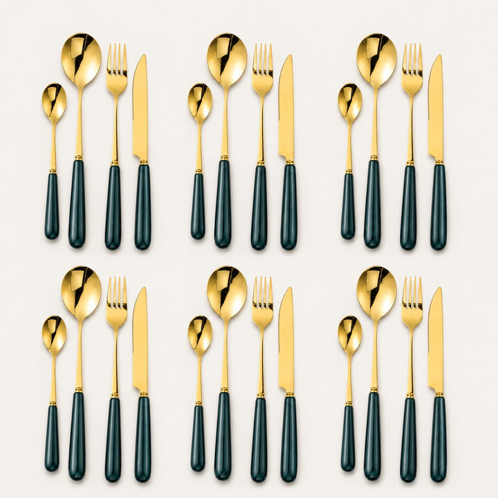 Aldermere 24-piece Forest Green and gold cutlery set for four