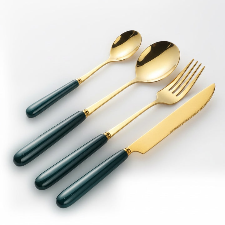 Aldermere gold cutlery with glossy Forest Green ceramic handles