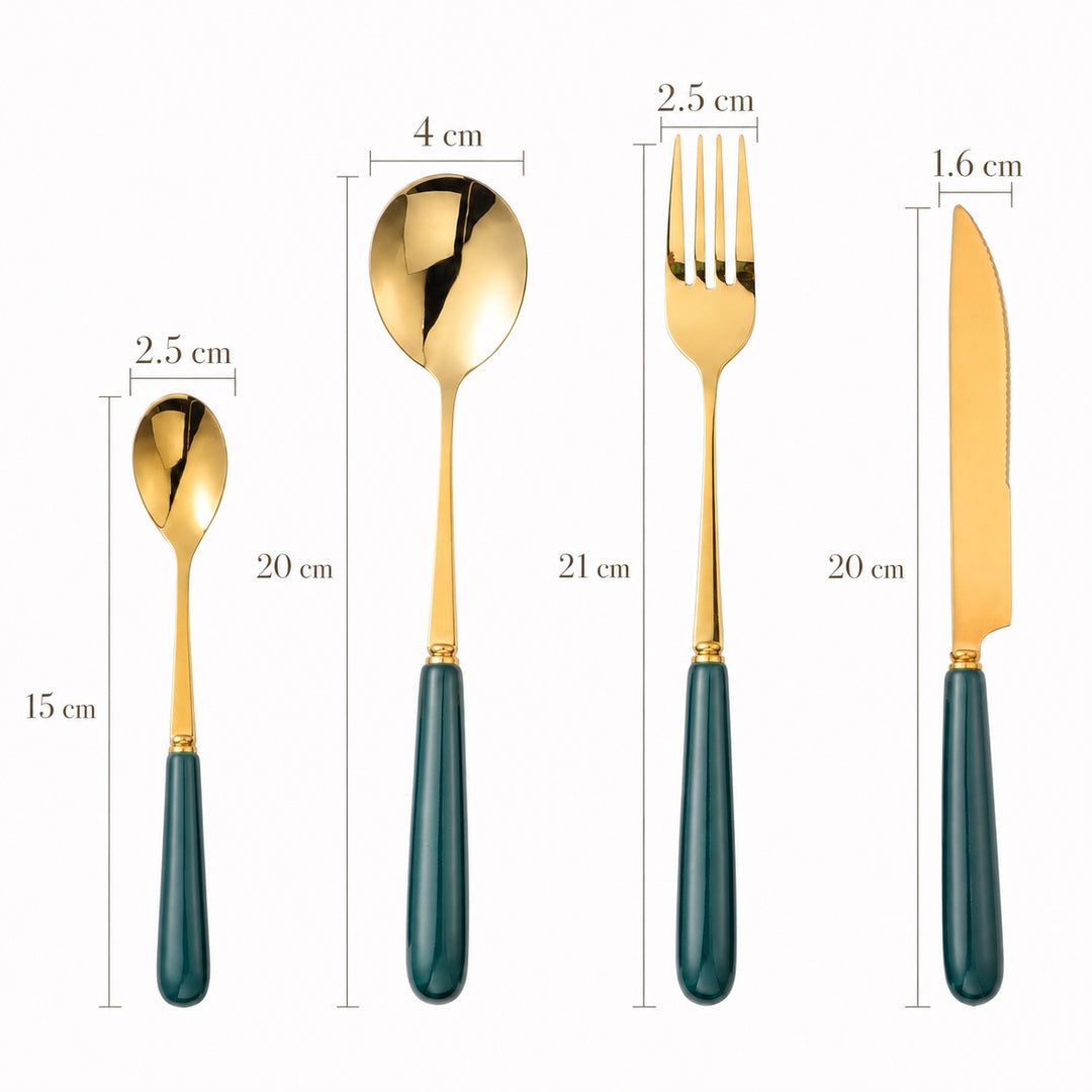 Dimensions of the Aldermere dinner knife, fork, spoon and teaspoon