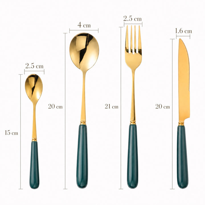 Dimensions of the Aldermere dinner knife, fork, spoon and teaspoon