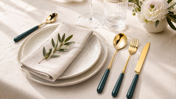 Aldermere Forest Green and gold cutlery styled with neutral dinnerware and linen