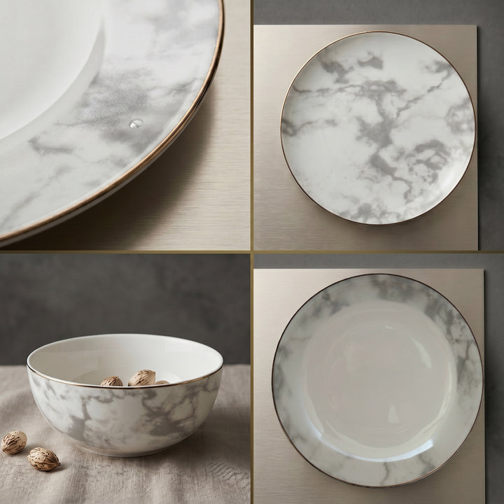Close-up detail images of the Aurelia dinner set showing marble pattern, bowl and gold-edged finish