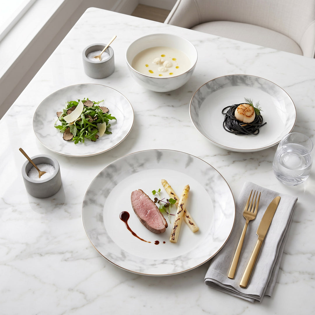 Aurelia marble fine bone china dinner set styled on a white marble table with plated dishes