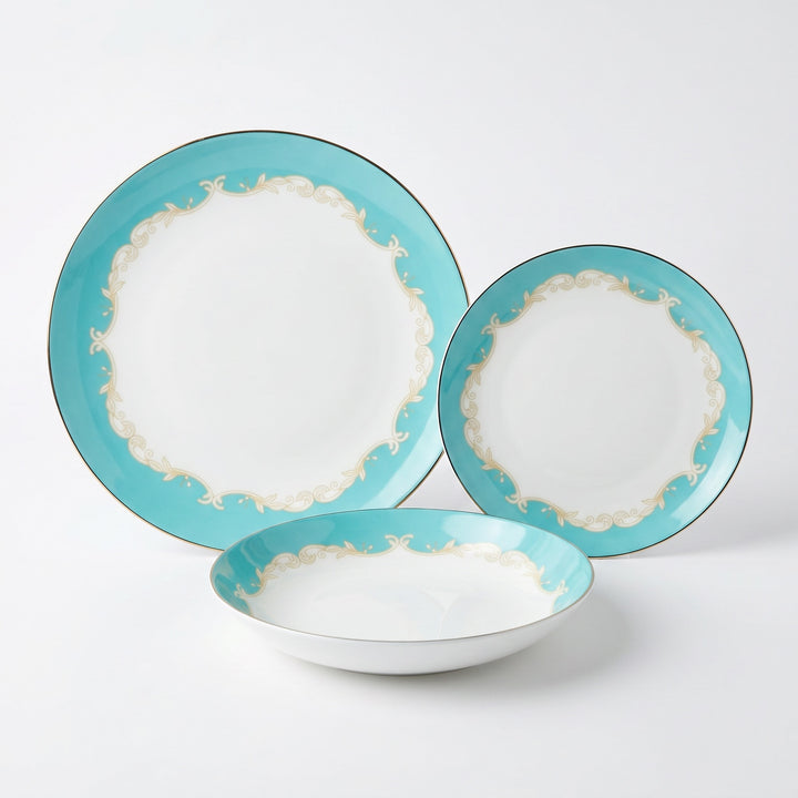 Belmont 12-piece fine bone china dinner set with soft aqua border and hand-painted gold edge