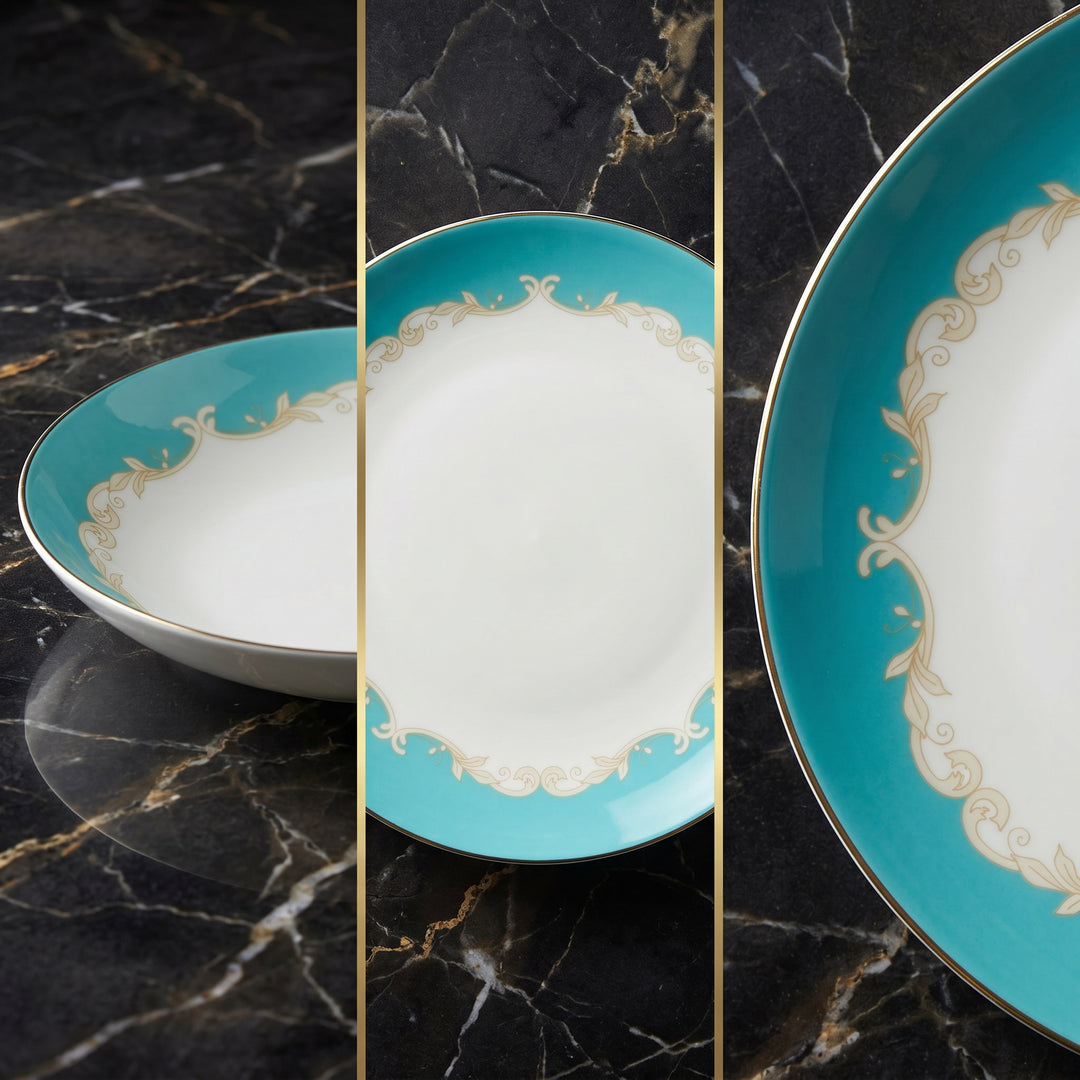 Close-up collage of the Belmont fine bone china dinner set showing the soft aqua border, gold detailing and bowl profile