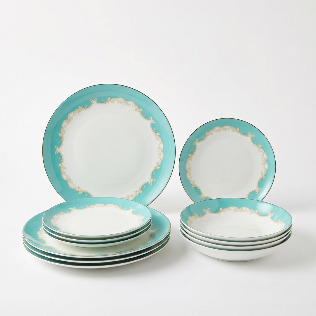 Stacked Belmont fine bone china plates and bowl with soft aqua border and gold detailing