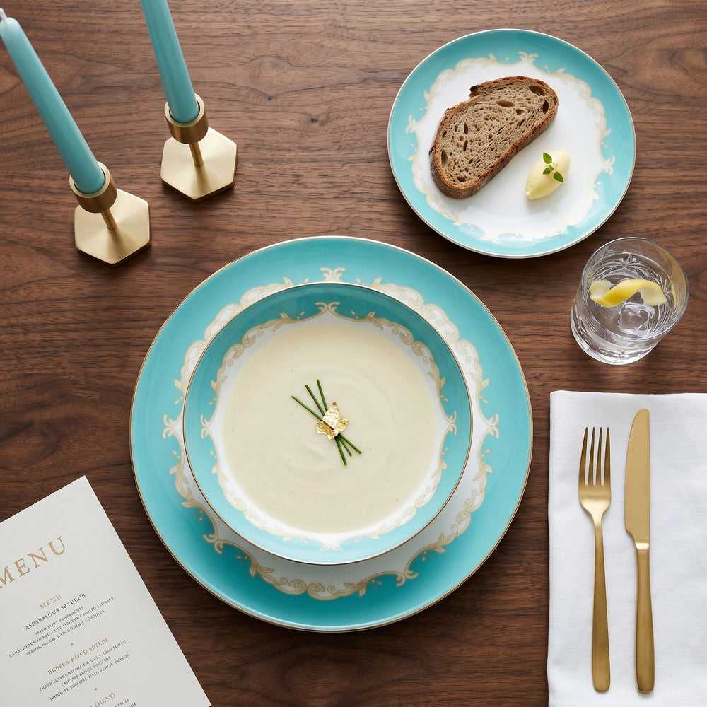 Belmont fine bone china dinner set styled on a wooden dining table with gold cutlery and candles