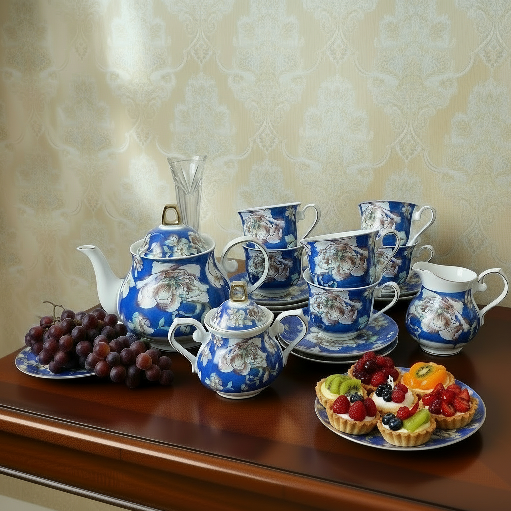 Blue and white floral teacup set with fruits on a wooden table against a patterned wall.