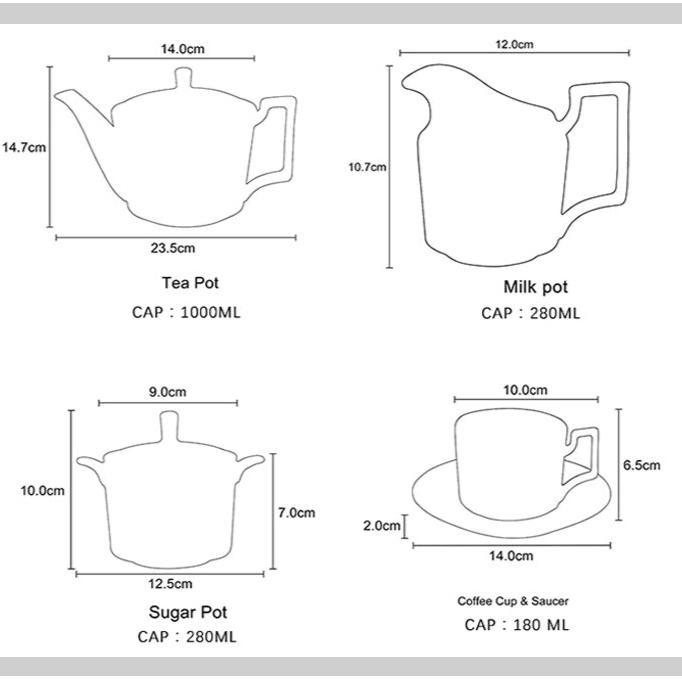 Diagram showing dimensions of the teapot, sugar bowl, and milk jug in the bone china tea set.