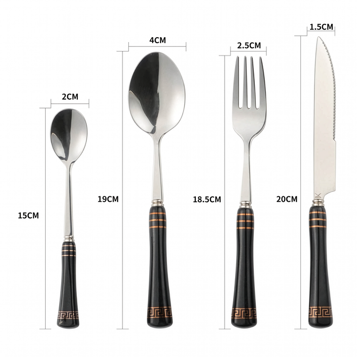 Dimensions of the Heritage Gold table knife, fork, soup spoon and dessert spoon