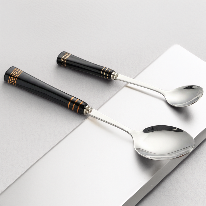 Heritage Gold soup spoon and dessert spoon with glossy black ceramic handles