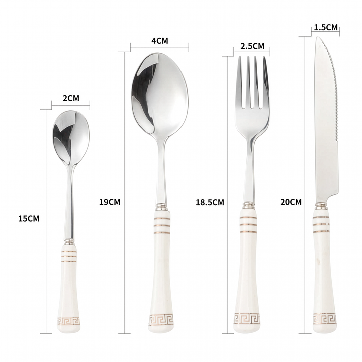 Dimensions of the Heritage Gold table knife, fork, soup spoon and dessert spoon