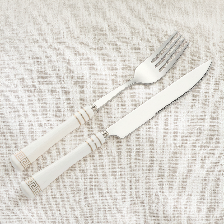 Heritage Gold table fork and knife with white ceramic handles