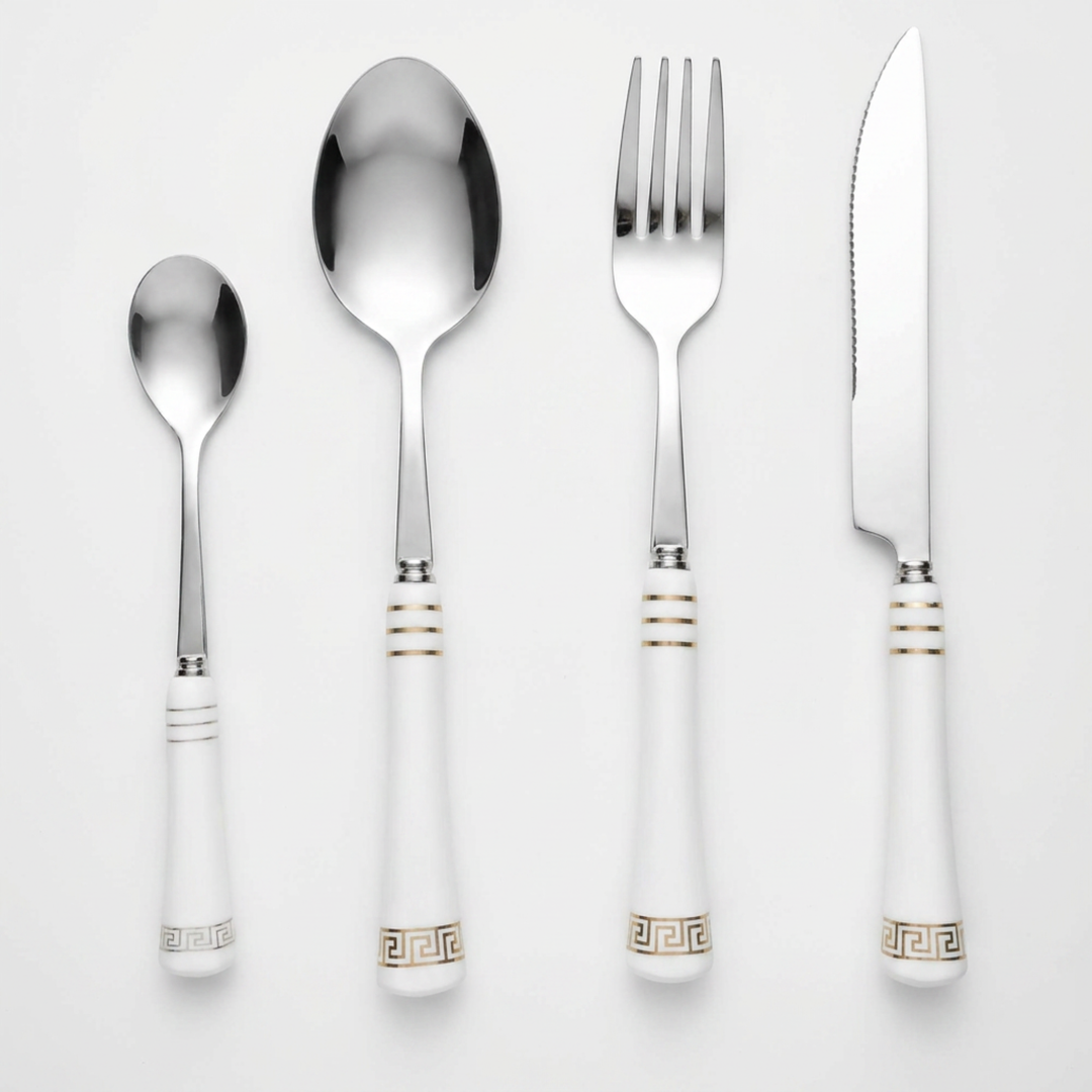 Heritage Gold white cutlery set with ceramic handles and gold detailing