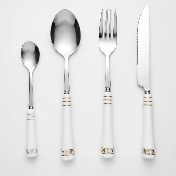 Heritage Gold white cutlery set with ceramic handles and gold detailing