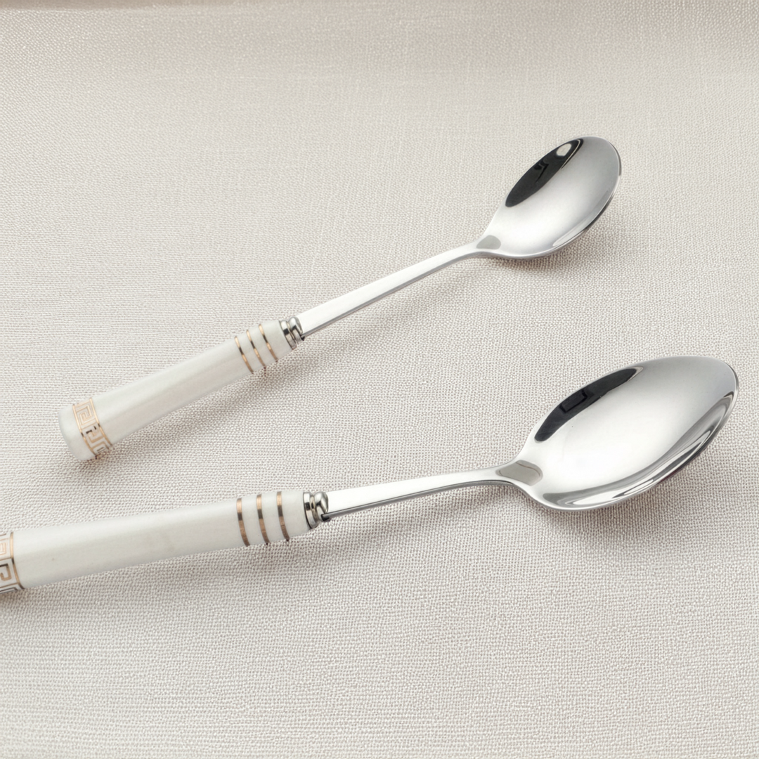 Heritage Gold soup spoon and dessert spoon with white ceramic handles