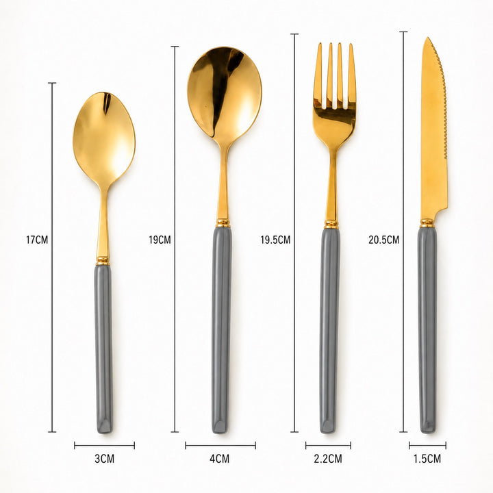 Dimensions of the Marlowe table knife, table fork, soup spoon and dessert spoon