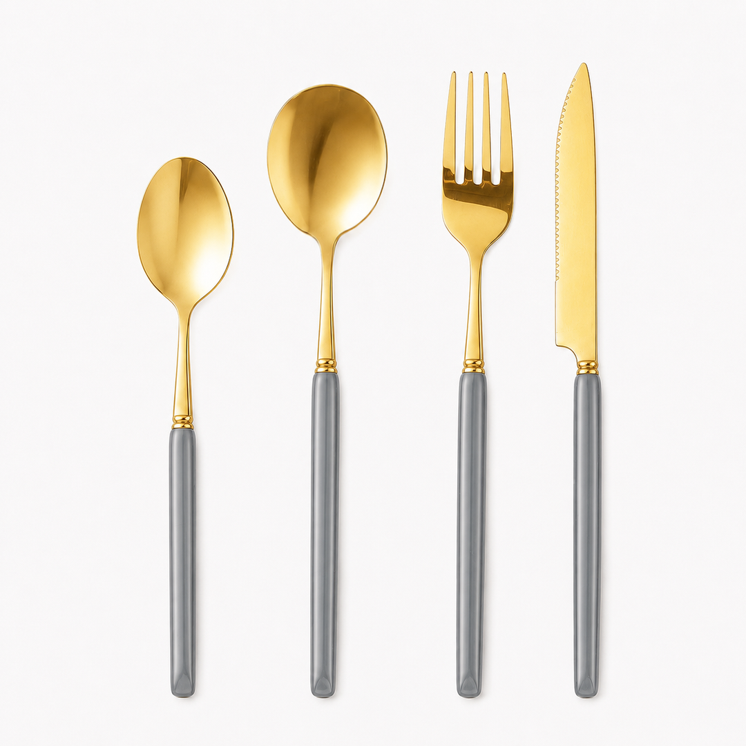 Marlowe Pearl Grey and gold four-piece cutlery place setting