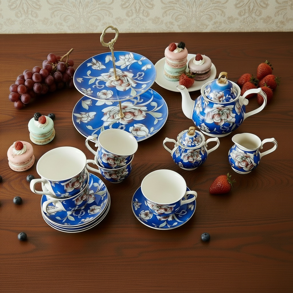 Tea set with blue and white floral patterns on a wooden table with pastries and fruits.