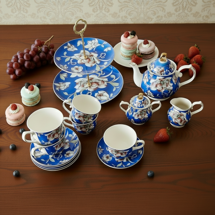 Tea set with blue and white floral patterns on a wooden table with pastries and fruits.