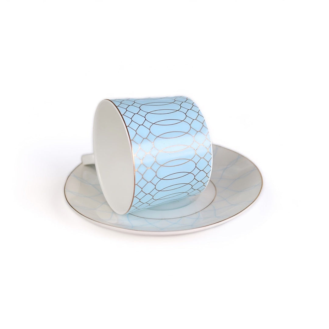 Regent Blue Gold fine bone china teacup and saucer in blue and white geometric pattern