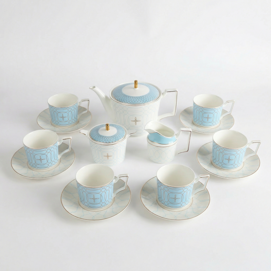 Regent Blue Gold fine bone china tea set for six with teapot, cups, saucers, milk jug and sugar bowl