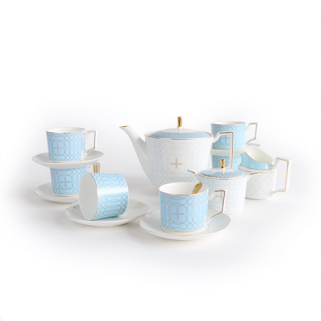 Regent Blue Gold fine bone china tea set for six with teapot, cups, saucers, milk jug and sugar bowl