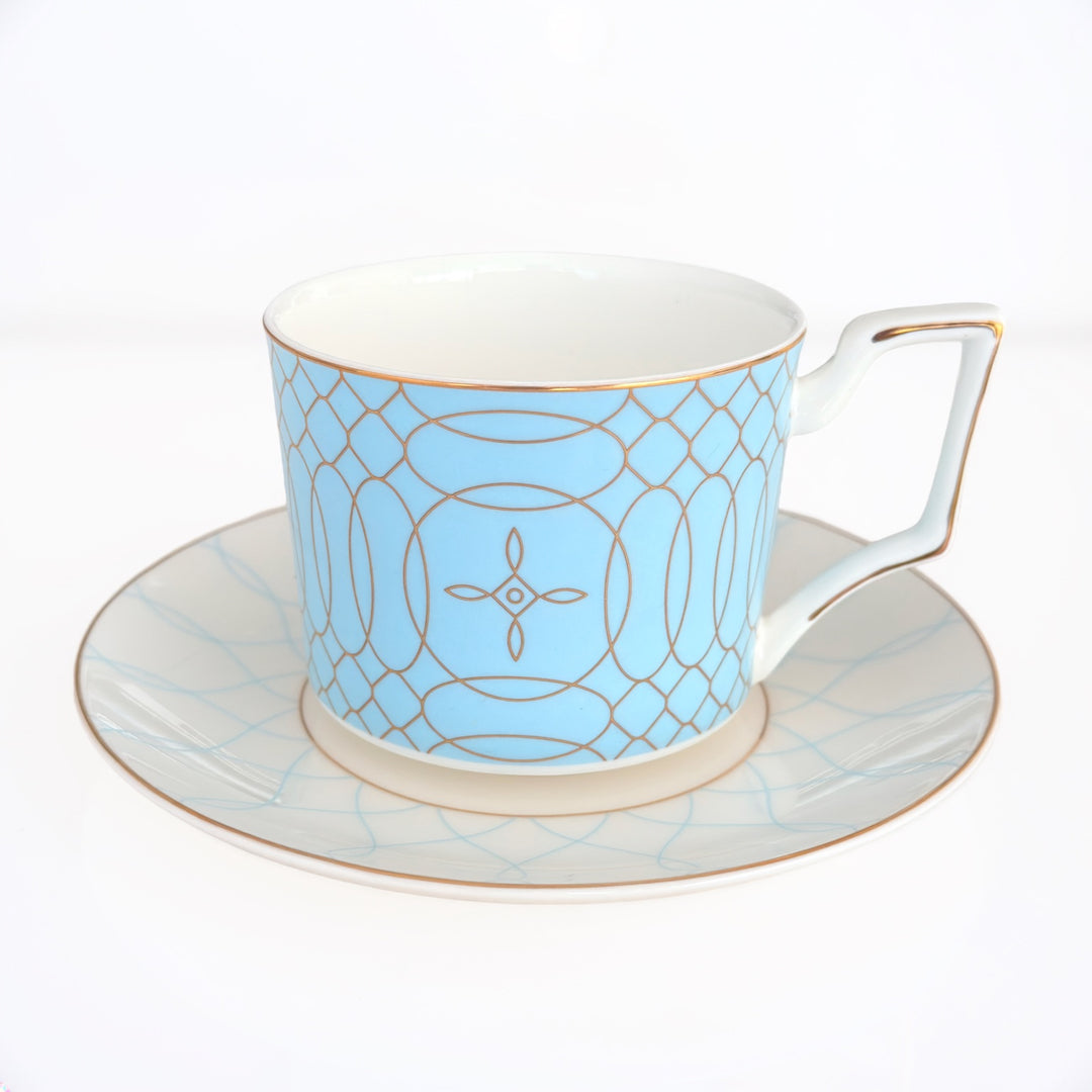 Regent Blue Gold fine bone china teacup and saucer with blue geometric pattern