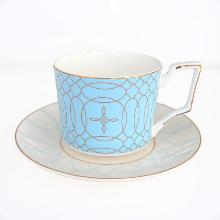 Regent Blue Gold fine bone china teacup and saucer with blue geometric pattern