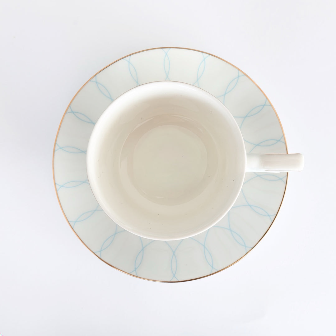 Top-down view of Regent Blue Gold fine bone china teacup and saucer