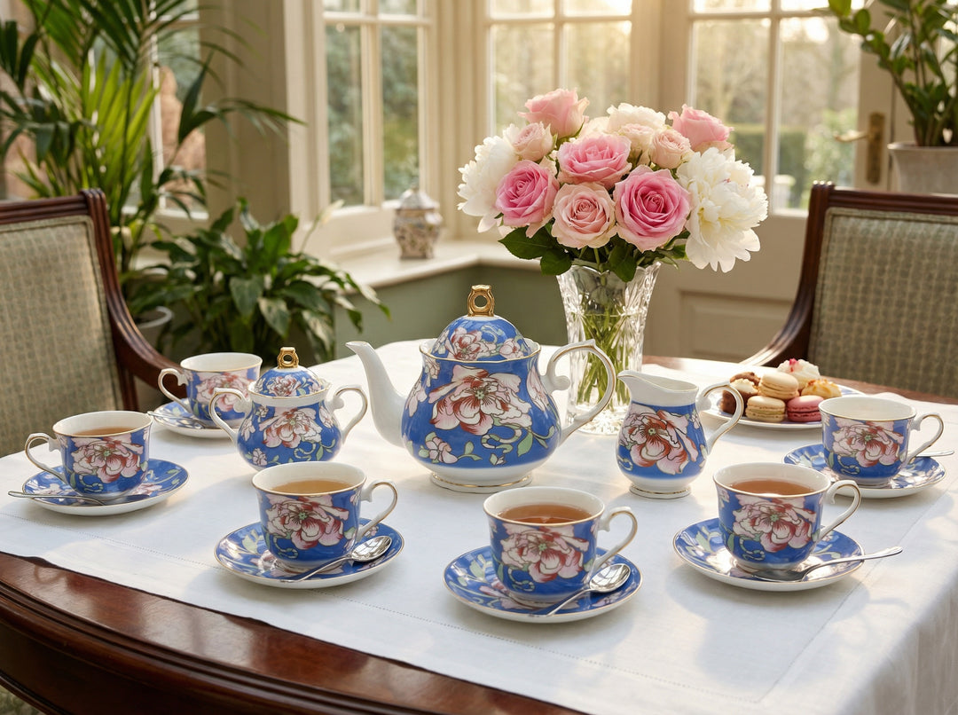 Rosewood Garden tea service for six with teapot, cups and saucers